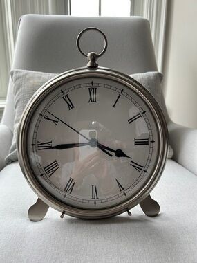 Pottery Barn Silver Round Roman Numeral Table Clock